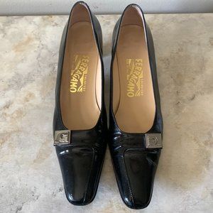 Salvatore Ferragamo Black Patent 2" Heel Square toe w/ Silver  - Size 8AAAA